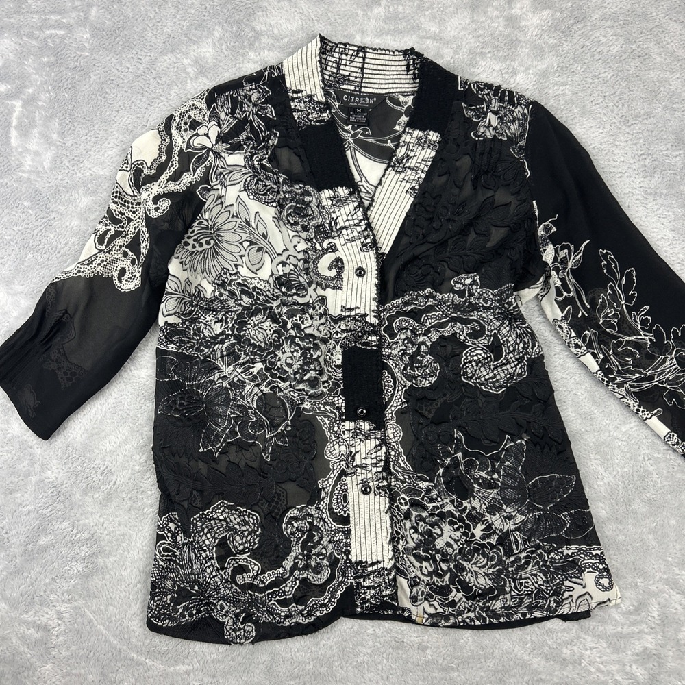 Citron Silk Blouse Womens M Sheer Black Floral 3/4 Sleeves Full Button Artsy
